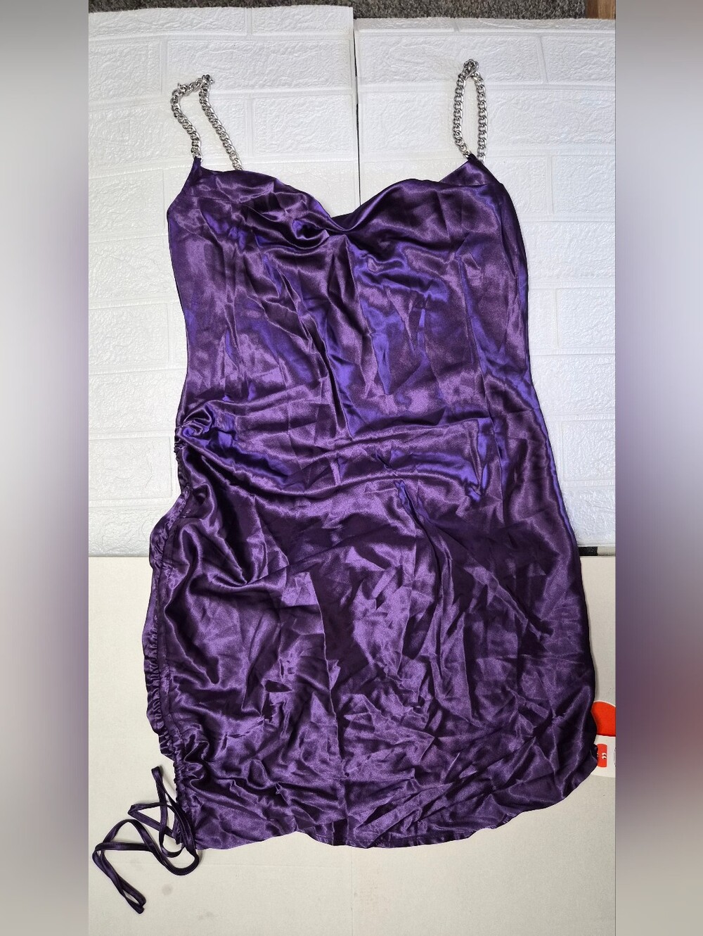 Satin Dress Chain Strap Deep Purple Fluid Cowl Neck Draw String Ruched Sz L Nwt